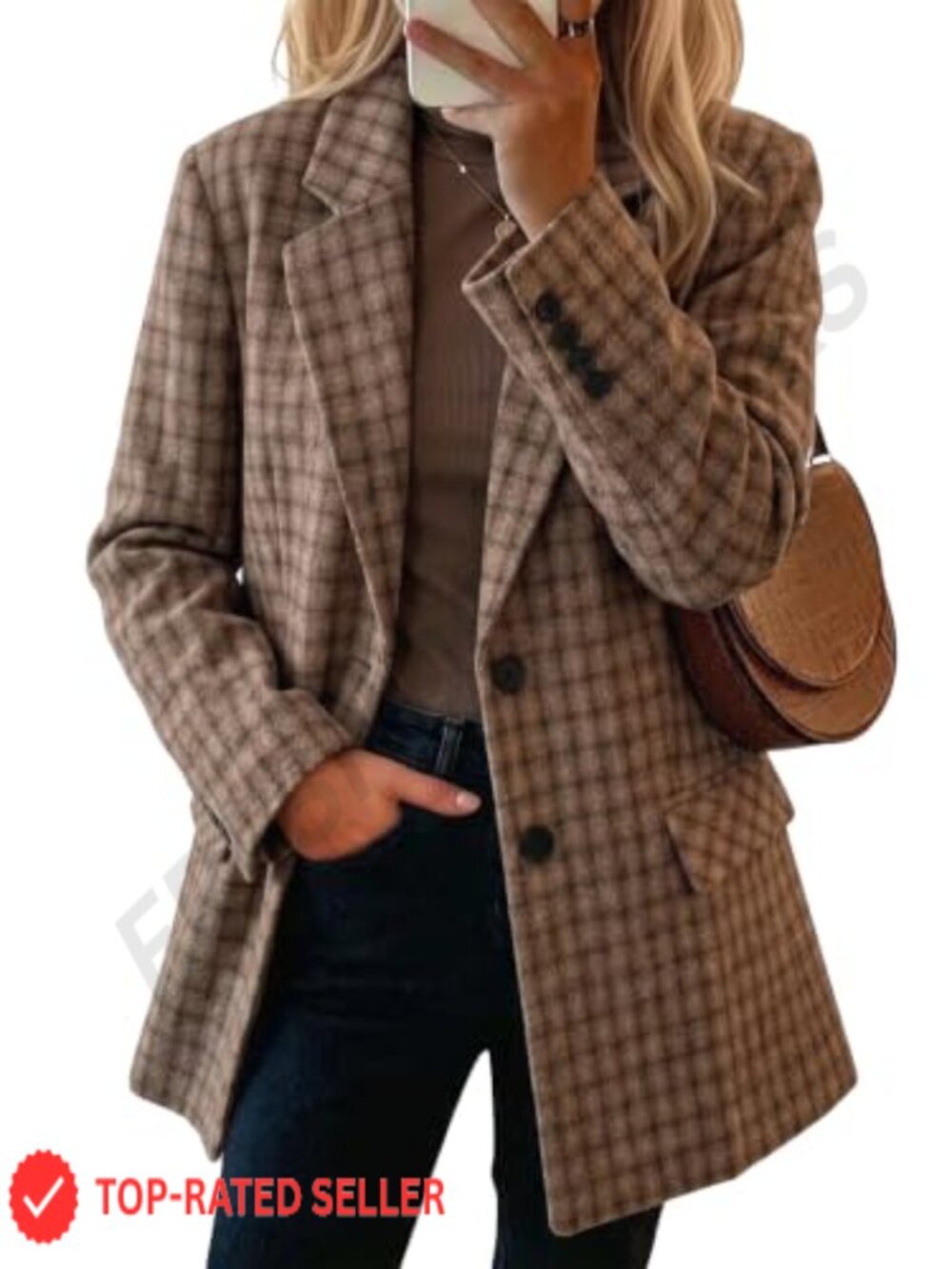 Wool Blend Houndstooth Plaid Blazer Notch Lapel Business Casual